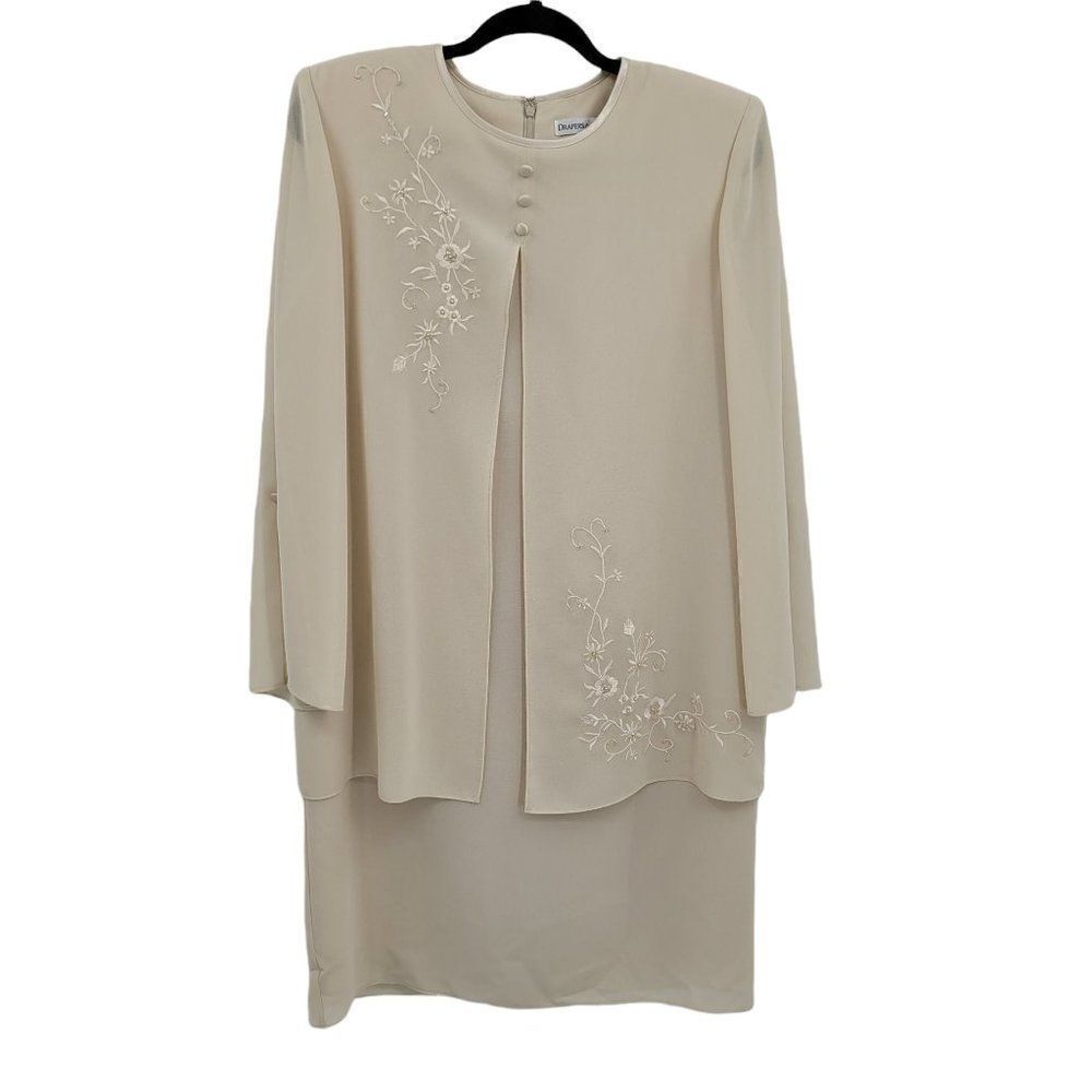 Vtg Draper's & Damon's Dress Formal Modest Caped Shift Embroidered Cream Sz MP